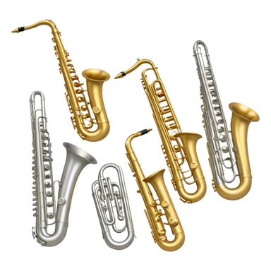 Create a professional, harmonious emoji collage symbolizing wind instruments.  The instruments should be in metallic gold, silver, and brass tones, with subtle reflections to convey a professional and polished appearance. Add soft musical notes or soundwaves to surround the instruments, creating a sense of movement and sound. The background should be transparent, ensuring all instruments are the focus and the composition remains harmonious and balanced. sticker