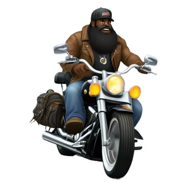 Black heritage softail with front jammer and leather saddle bags and lots of chrome and ape hangers and a long bearded guy with ball cap riding it on a country road sticker