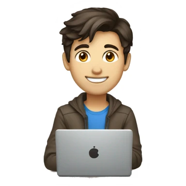 Young design engineer, dark brown hair, good smile, using laptop sticker