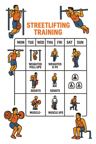 a streetlifting training sheet with icons for each exercise—weighted pull-ups, weighted dips, squats, muscle-ups—organized in a weekly schedule. Around the sheet, small illustrations show athletes performing each movement with proper form. The color palette is bold and energetic, and the background is clean and minimal. sticker