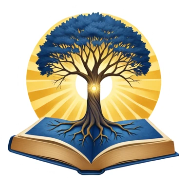 A deep blue-to-golden sunrise book with a textured, aged cover, featuring a lone figure on a path, a ray of light, or a tree with deep roots, radiating hope, purpose, and the power of finding meaning in adversity. sticker