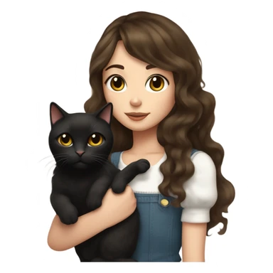 tall skinny brunette haired girl with brown eyes medium wavy hair and curtain bangs holding fat black cat with white spot on its belly sticker