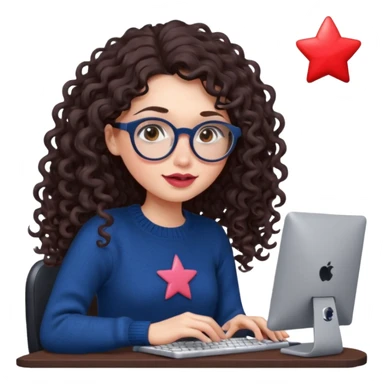 a white young woman with very long curly dark brown/chocolate hair typing in a computer. she's using round glasses, her lips are light red and her cheeks slightly pink. Her eyes are dark brown. She's using a dark blue knit sweater that has a tiny star in the middle   sticker