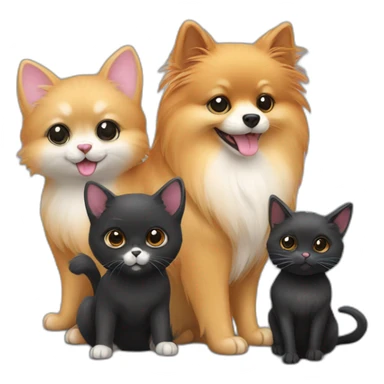 a pomeranian, a black cat and a gray mouse hold hands sticker
