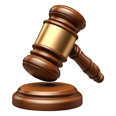 An emoji representing justice and penalty. A wooden judge's gavel striking a sound block, symbolizing a legal decision or punishment. The design is simple, 3D, and slightly glossy, resembling official court decisions sticker