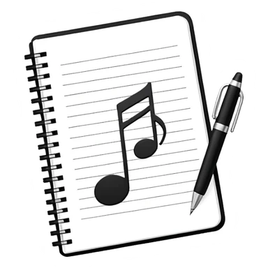 Minimalistic flat vector icon, iOS style, thin black contour on white background. Small notebook with a musical note on the cover, a pen placed next to it. Clean, modern, no text, no shadows. sticker