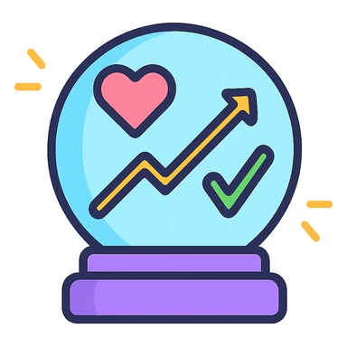 Add an upward slope or rising line graph inside the crystal ball to symbolize improvement and positive healthcare outcomes. Keep the modern icon style, maintaining heart and checkmark, with subtle color highlights. sticker