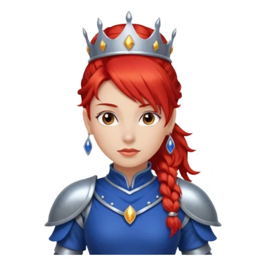 Red Haired Princess, Warrior Princess – fiery red ponytail, silver armor over royal dress, confident stance, silver crown sticker