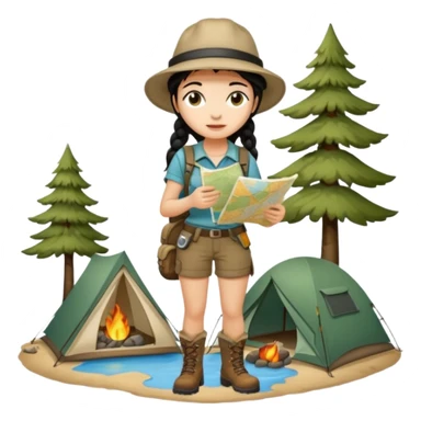A braid black hair backpacking woman checking her map with curious eyes while walking wear camping hat and dirt covered boots full body sticker