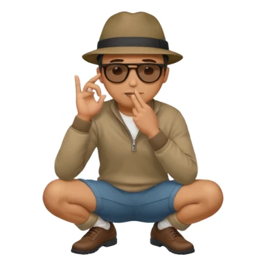 A man squatting down and holdig his hand flat a bit above the ground, like your pettig the air and while holding his finger to his mouth sticker