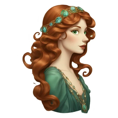 Art Nouveau lady with long swirling redbrown hair, bluegreen eyes, jewels sticker