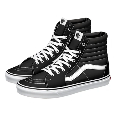 Pair of black Vans Sk8-Hi sneakers clearly arranged with one directly behind the other, high-top skate shoes with white jazz stripe, black canvas upper, white stitching, white rubber sole sticker