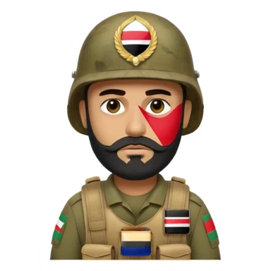 A very tired and sad, swarthy Iraqi soldier with a beard, an Iraqi flag on his helmet, a sad expression and bags under his eyes sticker