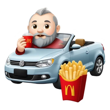 A dwarf eating McDonald's in front of a Volkswagen Eos. sticker