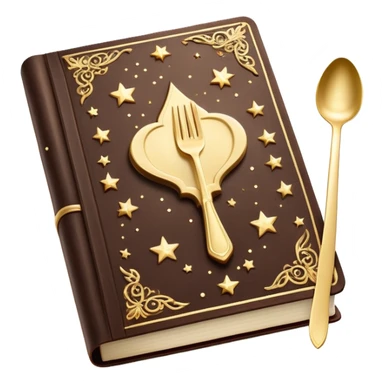 Magical glowing cookbook with a sparkling fork and spoon symbol on the cover, surrounded by tiny stars and magical sparkles sticker