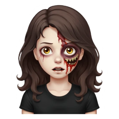 crie uma garota com ferimentos zoombie cabelo ondulado 2c longo castanho escuro e blusa básica preta sem nada  sticker