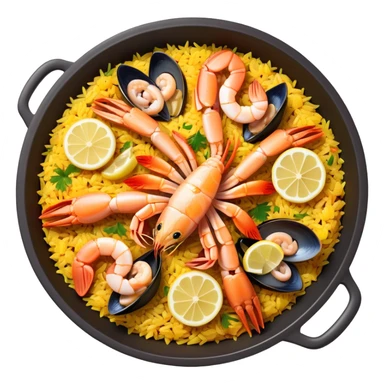 cinematic-realistic-paella-dish-emoji,-depicted-as-a-vibrant,-aromatic-rice-dish-loaded-with-seafood,-chicken,-and-saffron-rendered-with-rich-textures-and-dynamic,-warm-lighting with a lemon slice in the middle sticker