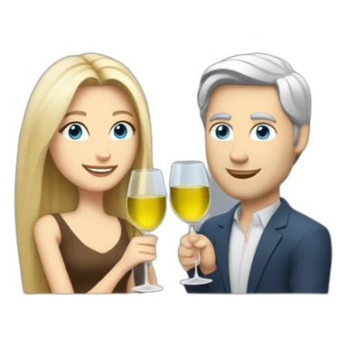 A white woman with brown eyes and blond medium long hair and a white man with blue eyes and grey hair, toasting with a glass of white wine sticker