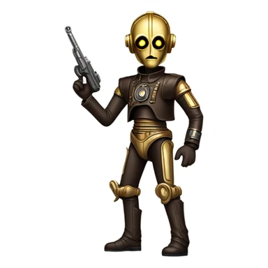 rough and tough c3Po wearing Satan’s leather biker outfit with guns hat. walking sticker