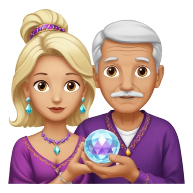 Elderly male cleanshaven gypsy with earrings and blonde female gypsy holding a crystal ball sticker