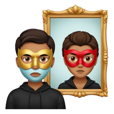 Man on mask in mirror behind woman sticker