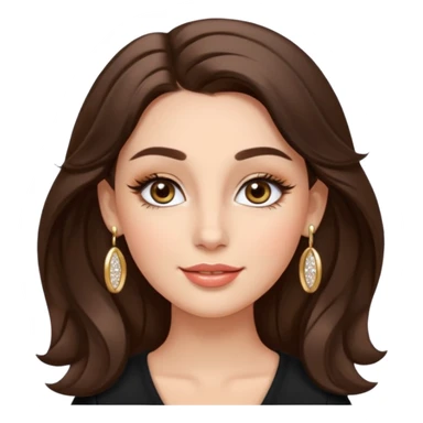 Luxury Milan girl Greta emoji: oval face, flawless skin, big light almond eyes with lashes/eyeliner, arched brows, flirty half-smile glossy lips, beauty mark, wavy warm brunette hair, gold hoop earrings, soft glow, champagne bg with sparkles, 3D sticker style, centered. sticker