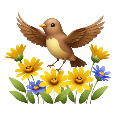 A tiny songbird fluttering its wings above wildflowers. sticker