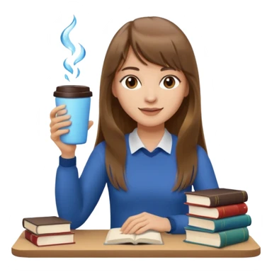a designer with light skin long brown hair bangs waving, stack of books, coffee cup on top, water bottle  sticker