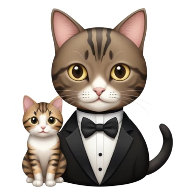 A short haired tabby cat with a black tuxedo cat sticker