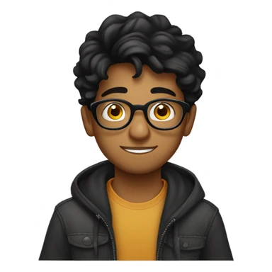 young handsome indian boy with round thick rimmed glasses with black wavy hair drinking coffee from a mug sticker