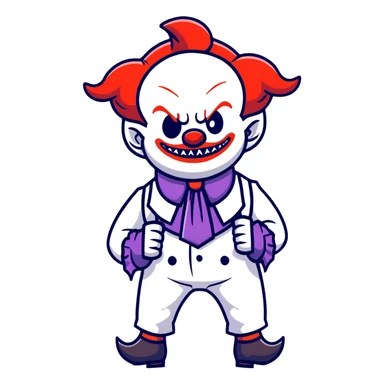 full-body demonic clown in a white leisure suit with bellbottom pants, bald, with black ram horns, flashy belt, ruffled shirt, no neck tie, cartoon sticker style sticker