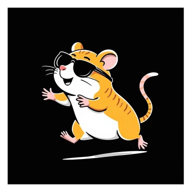 unique, colorful, hand-drawn, modern, realistic hamster with cool glasses, running energetically, solid black background, illustrated in Procreate on an iPad, not kiddish sticker