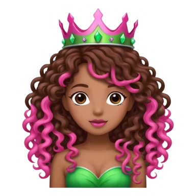 Brown girl diva long curly brown hair with pink and green crown sticker