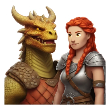 Viking red head dragon queen with a slain Viking solder with a man bun standing on a dragon flying over a volcano in a beautiful sky sticker