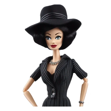 1926 Bouclé Beauty Lingerie Barbie, Morticia Addams from academy, in dark-gray and black striped outfit with hat. Driving 1965 Mercedes 190 sticker