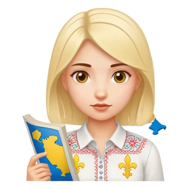 A Ukrainian girl in a white embroidered shirt holds a map of Ukraine sticker