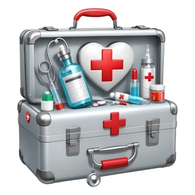 An icon featuring a medical suitcase with a red cross, a bottle of pills, a stethoscope, and a syringe, symbolizing medicine. The design includes a thermometer, bandages, and a heart monitor, representing healthcare and medical treatment. Transparent background highlights the science of healing. sticker