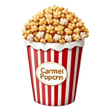 caramel popcorn in a large red and white vertically striped package, thick bold stripes, golden brown caramel popcorn, minimalist design, no text or additional elements on package, only thick red and white stripes pattern, glossy iOS emoji style sticker