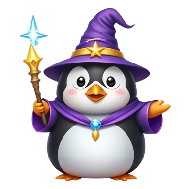chubby penguin wizard casting a spell, with sparkles around, emoji style sticker