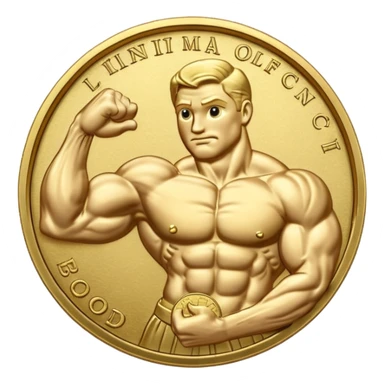 A gold coin engraved by a bent arm showing a big biceps. No human, only the arm sticker