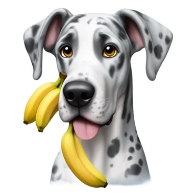 Blue Merle Great Dane holding a banana sticker