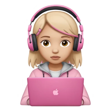 a girl with a pink laptop with headphones, color outline icon style, looking sad sticker