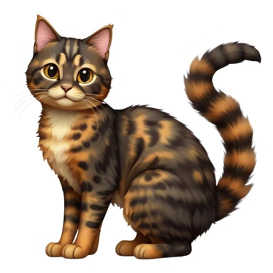 cinematic-[tortoiseshell tabby cat]-realistic-full-body-sitting-emoji,-tail-curled-playfully-around-its-paws,-head-tilted-dramatically,-scruffy-[dark black tortoiseshell coloured]-fur,-simplified-yet-realistic-focused-features,-highly-detailed,-glowing-with-an-almost-sarcastic-glow sticker