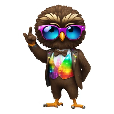  A cute short stubby brown owl with a black Afro and disco sun glasses and a colorful disco suit doing a pose with one finger in the air full body dance sticker