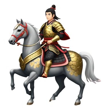 An icon representing an adventure game, inspired by feudal Japan. The design features a disciplined samurai riding a noble warhorse, its armor adorned with intricate patterns. A backdrop of cherry blossoms and a setting sun over a distant pagoda conveys a sense of honor, tradition, and battle-readiness. Transparent background. sticker