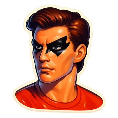 masculine subject with bold, angular black eye makeup, retro sticker style, subject inside image borders, high quality sticker