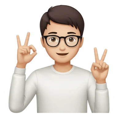 young Asian man with cool brown short hair, wearing black framed glasses, a white top, making an OK gesture with his right hand, and smiling confidently sticker