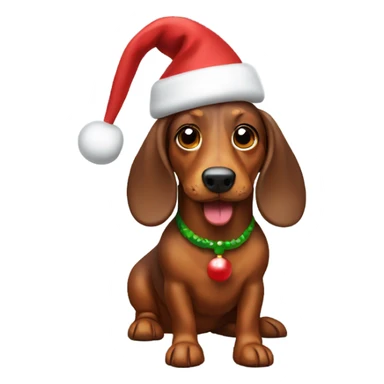 Brown Wiener dog wearing a Christmas hat sticker