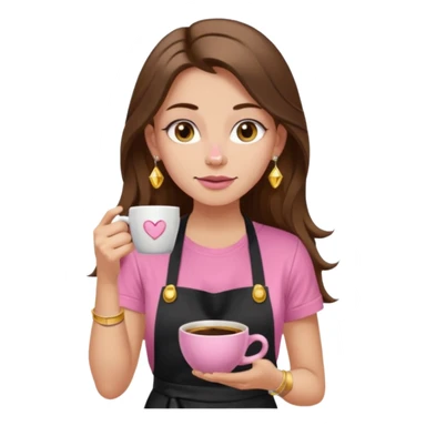 Fille cheveux long châtain, peau beige type européen, teeshirt rose avec un tablier noir, piercing au nez anneau doré, boucle d’oreille diamant doré. Elle boit un café sticker