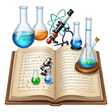 Icon for Scientific and Educational Reading: an open book with mathematical and physical formulas on the pages, with molecules and atoms flying out. On the desk are test tubes, flasks, and a microscope. Transparent background. sticker